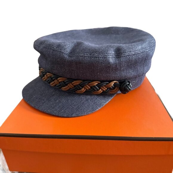 Hermes Newsboy Denim Cap Giulietta NWT Leather Braid Casquette Indigo 58